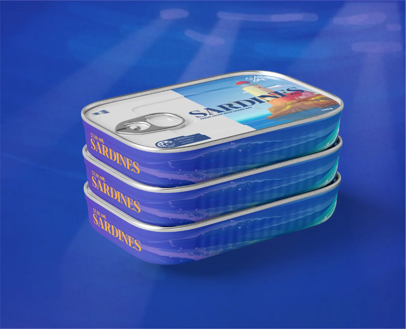 Stack of three premium sardine tins for Star One Sardines, showcasing the side-profile typography and coastal brand illustration designed by Made by Campfire.