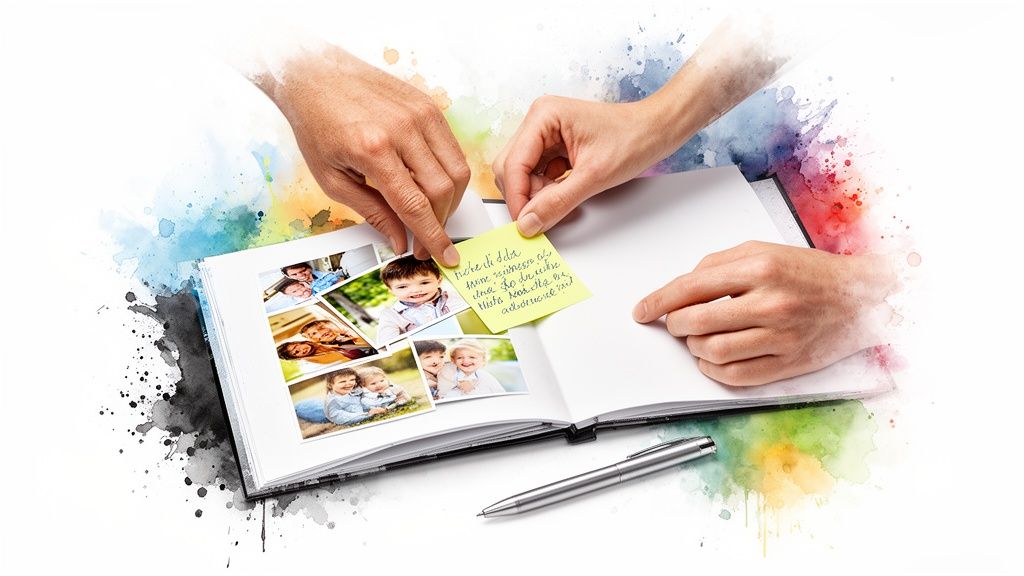 Hands placing photos and a note in a memory book filled with pictures of happy children.