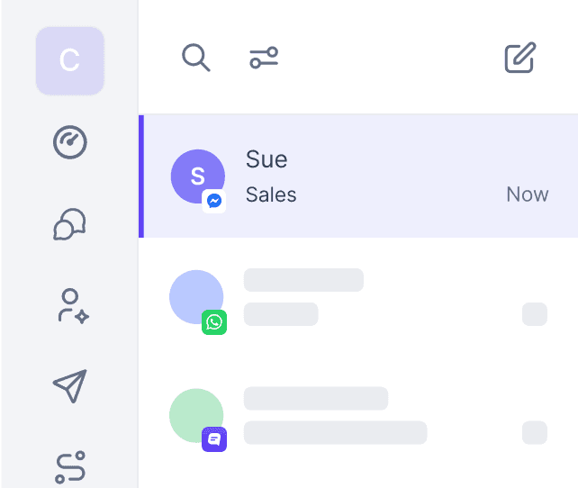 A screenshot of a shared inbox showing messages from different channels like chat, WhatsApp, and Messenger.