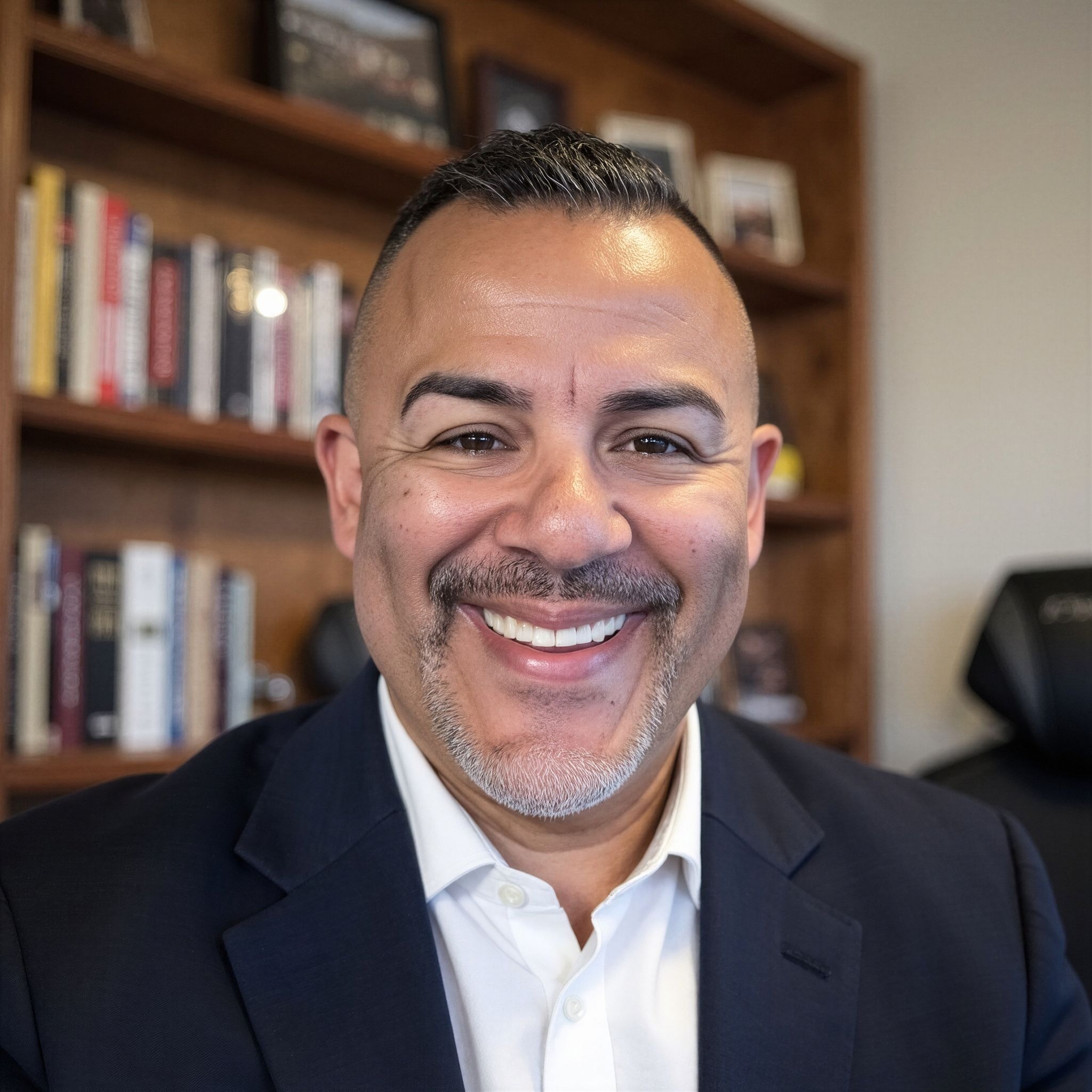 Alex Rosario smiling in an office wearing a navy blazer with bookshelves in the background.