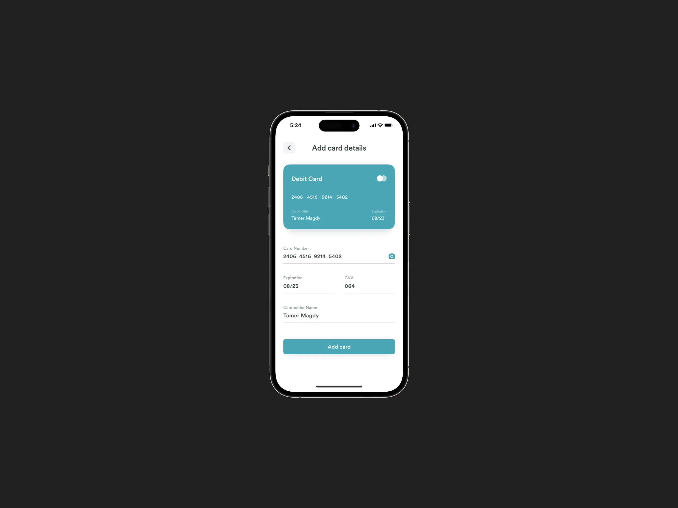 A screenshot of cashless add card screen
