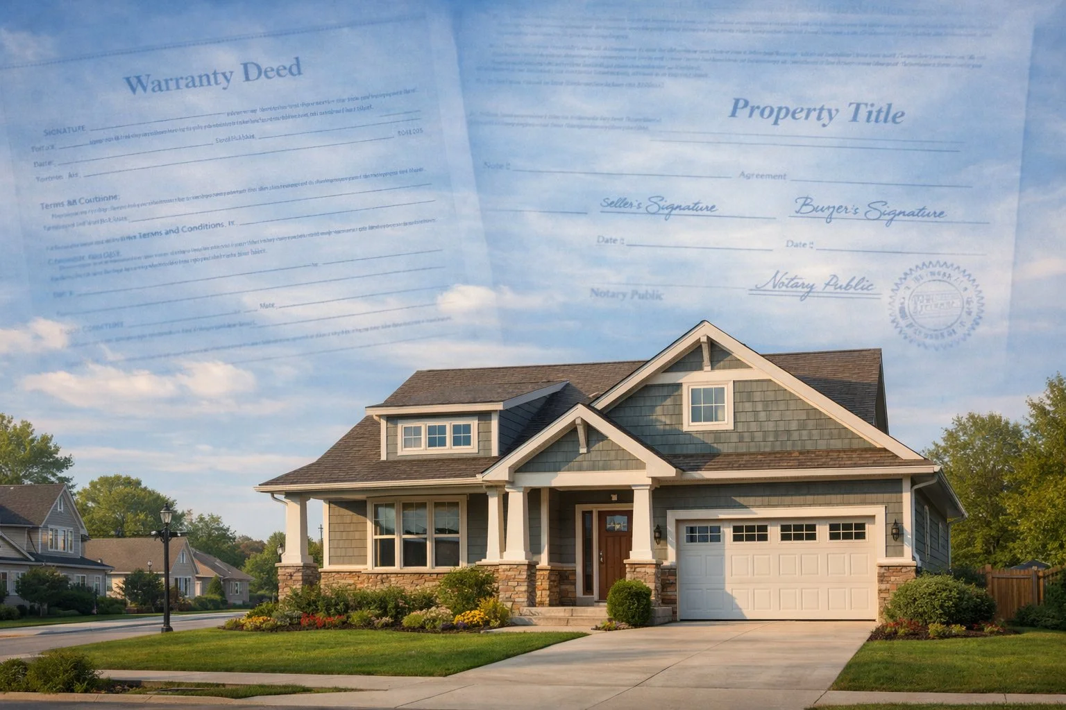 Residential home in a calm neighborhood with faint legal documents layered in the sky above, symbolizing the property transfer process.