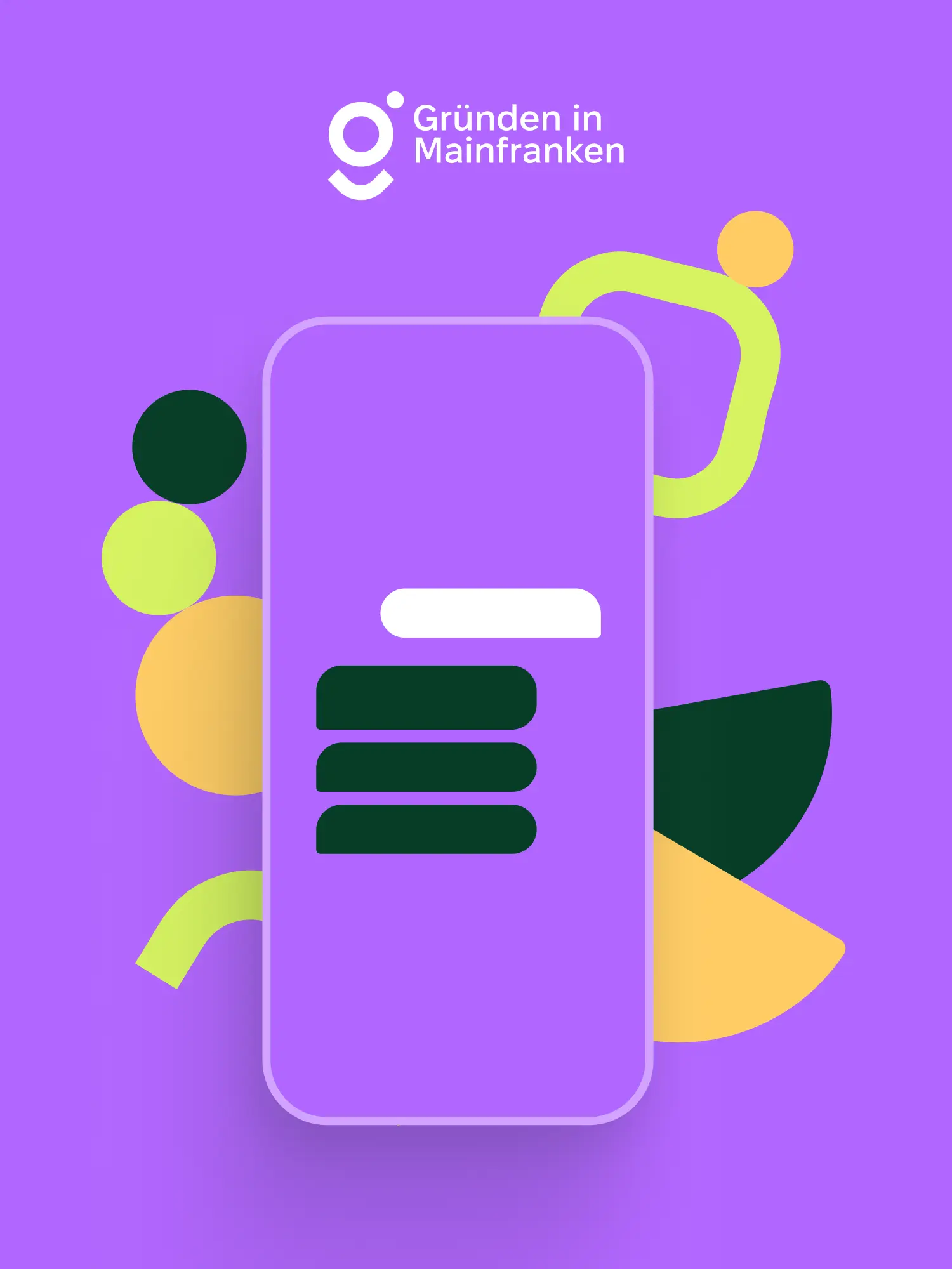 Smartphone-Mockup mit Logo vor lila Hintergrund und geometrischen Formen