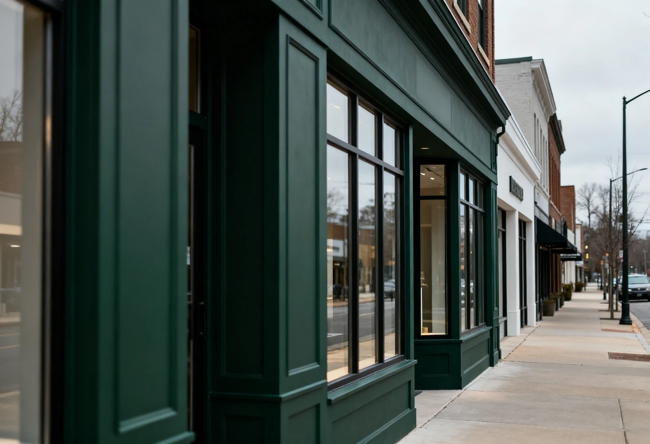 A row of modern storefronts with large glass windows and forest green exteriors line a quiet, empty sidewalk on a cloudy day.
