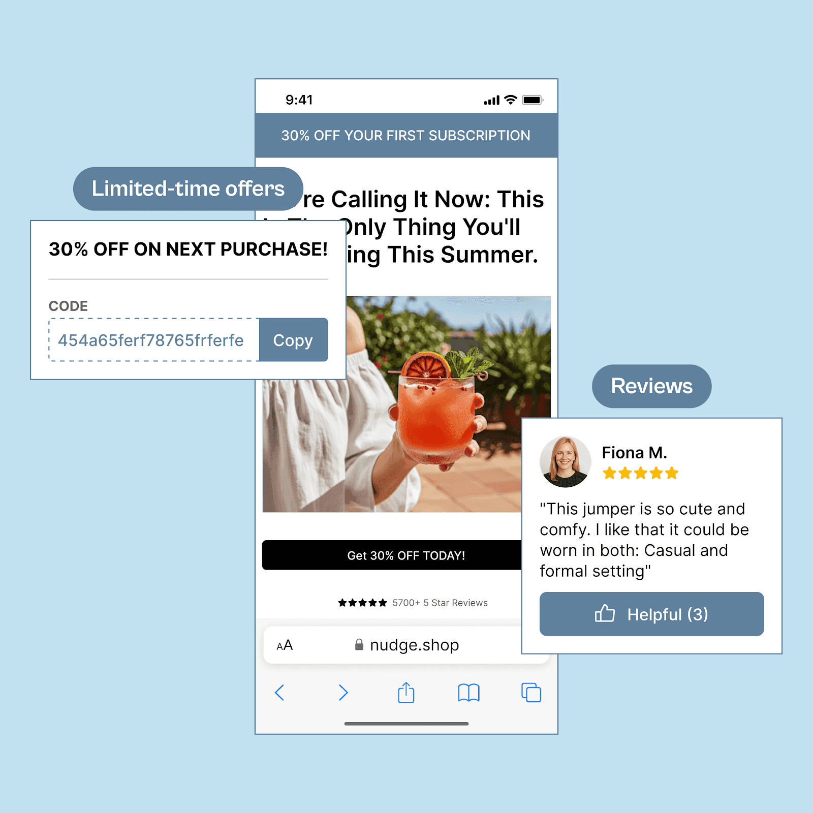 A smartphone screen displays an online shop offering a 30% discount and reviews. 