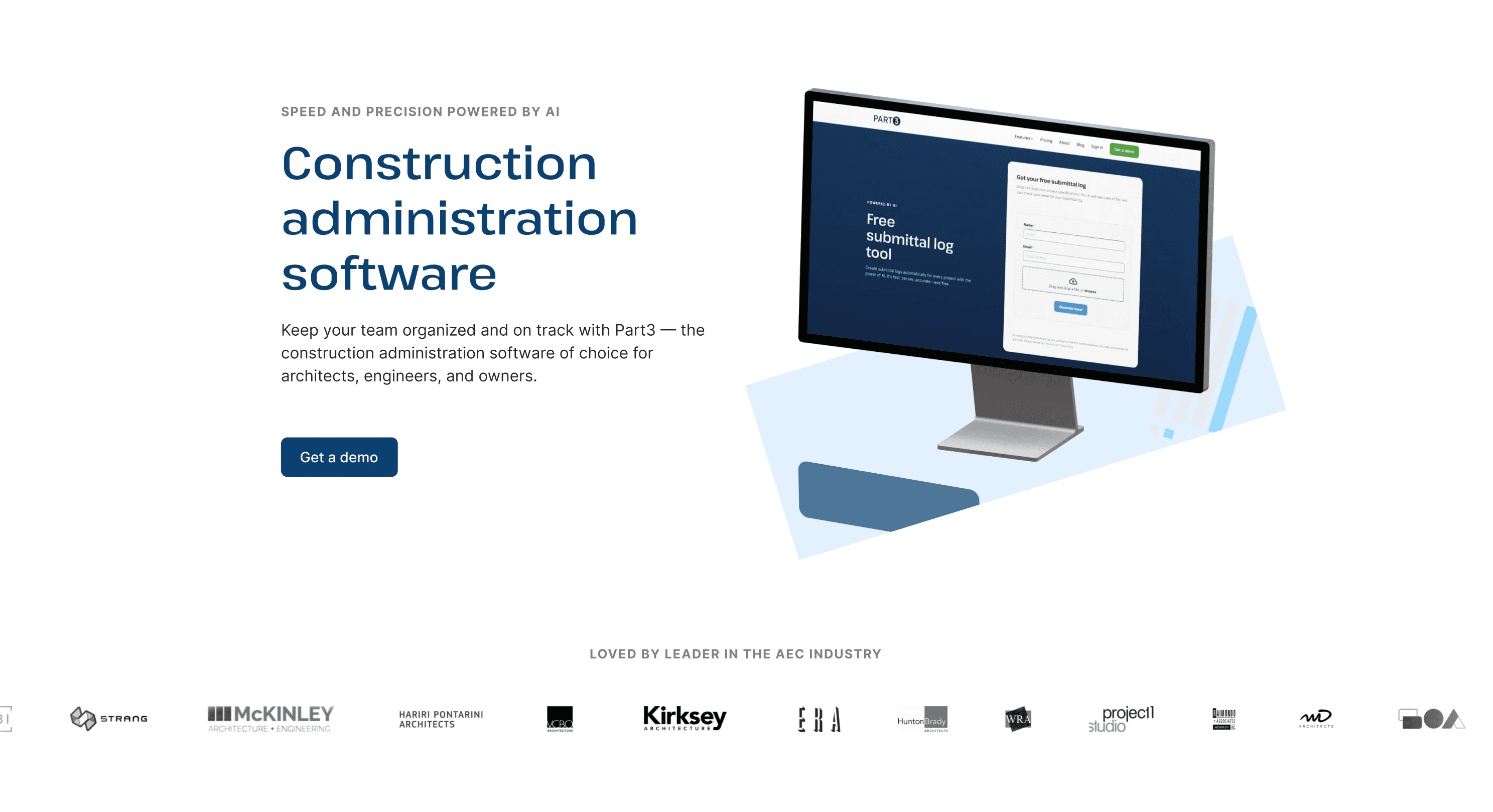 Part3 website header design. Features a monitor with a free submittal log tool on the screen and abstract shapes in the background. Text describes the construction administration software they offer.