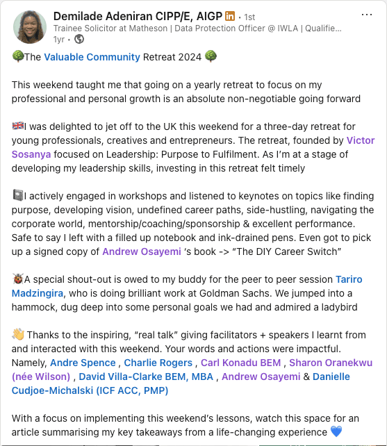 Screenshot of a LinkedIn post expressing gratitude and learning at The Valuable Retreat sessions.