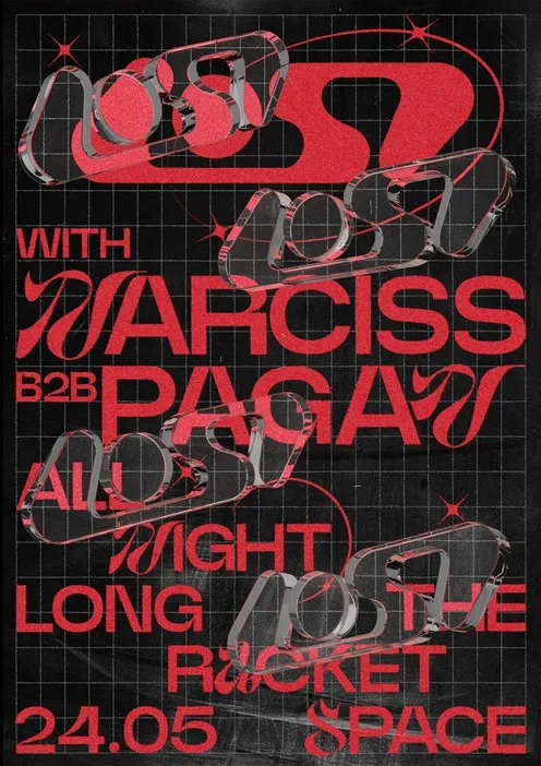A red and black event poster with abstract heart graphics and bold distorted text promoting a music or club event.