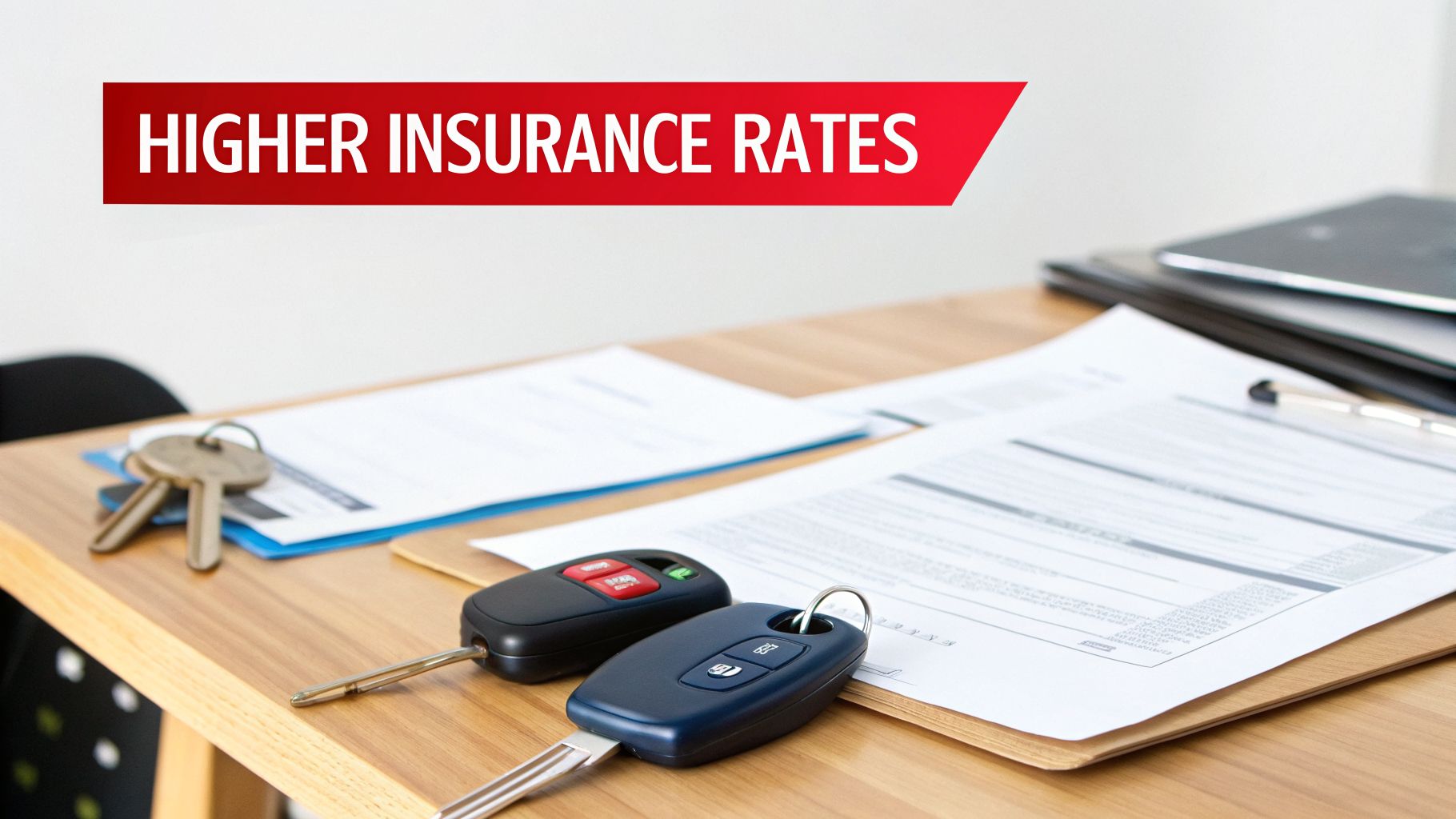 Car keys and documents on a desk below a red banner stating 'Higher Insurance Rates'.