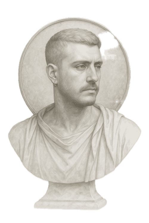 Classical pencil sketch of a man in a toga within a circular frame.