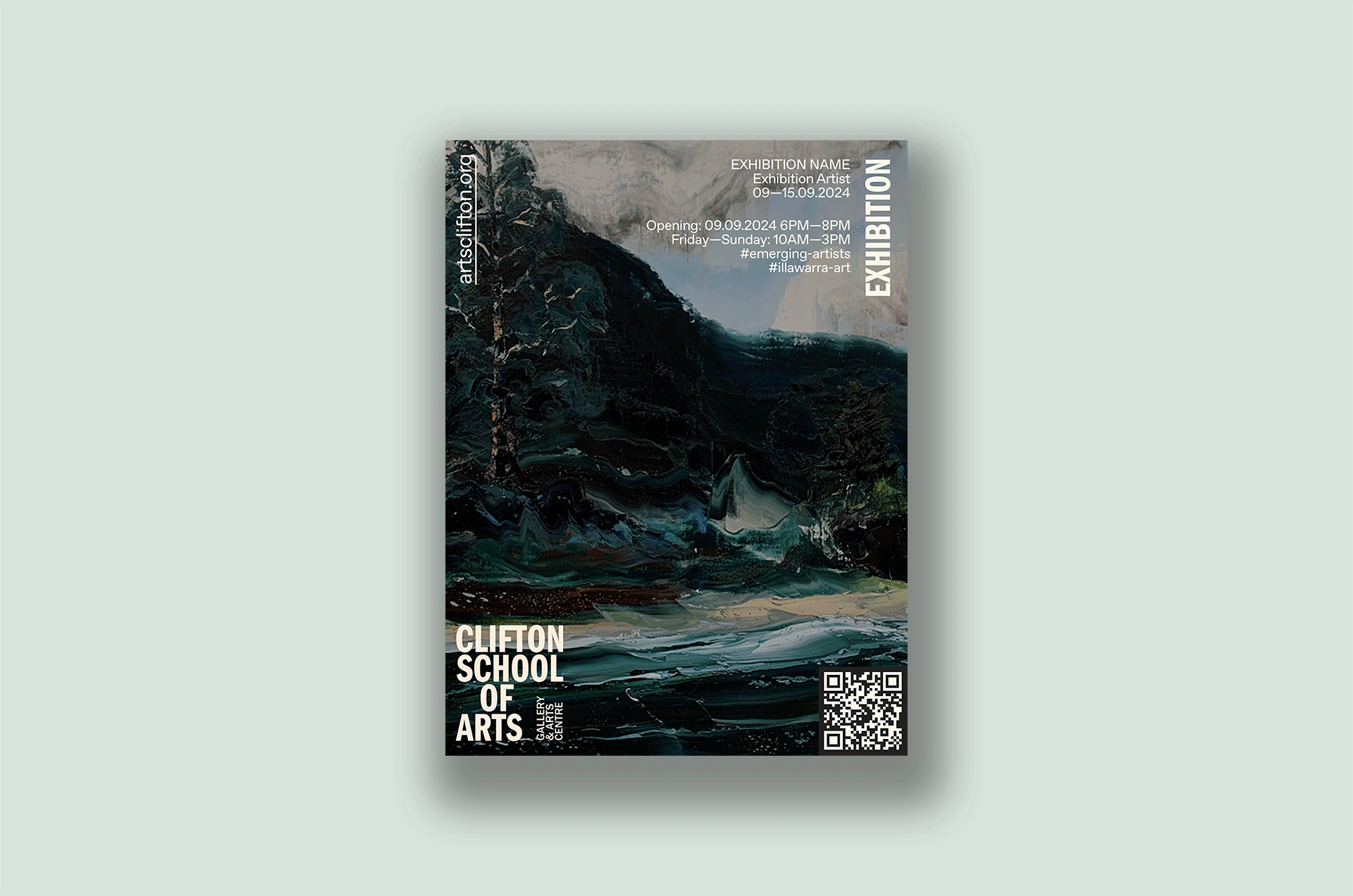 Clifton School of Arts poster series with logo design, palette and typography per their style guide.