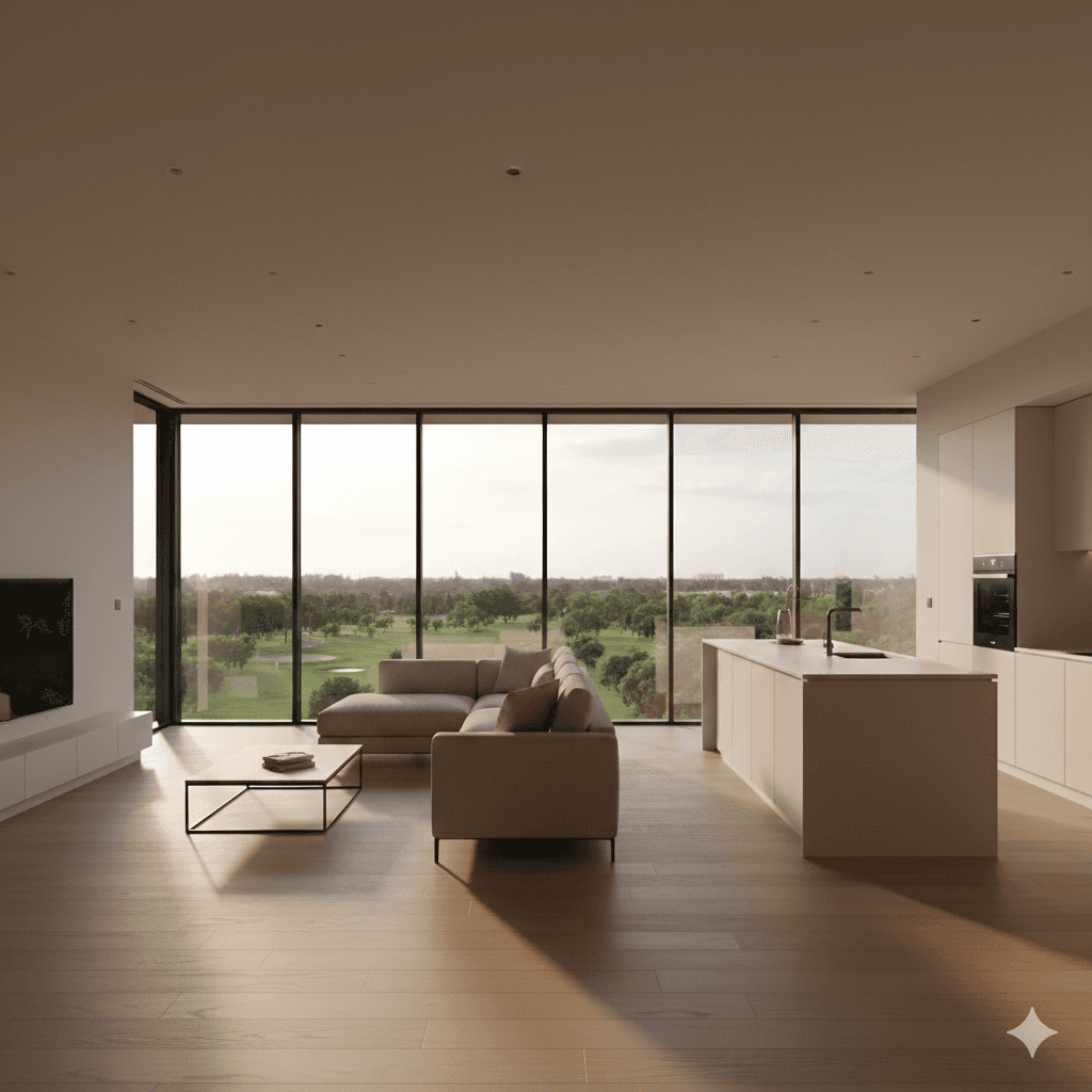Modern open-plan apartment overlooking golf course, Sector 113, Delhi NCR.