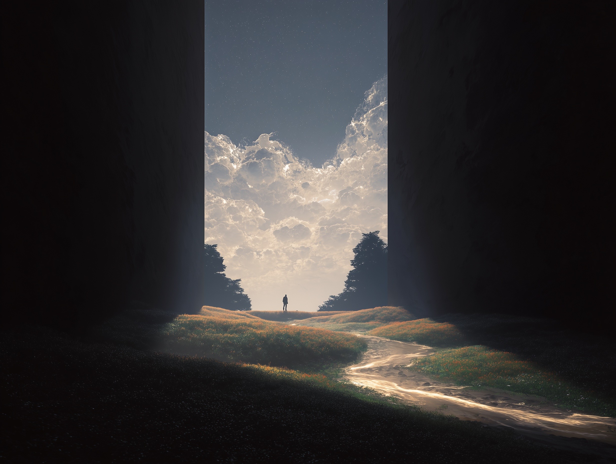 Flubble yazılım stüdyosu – ışıkla aydınlanan dar vadide yürüyen insan figürü, dijital dönüşüm ve yenilikçi yazılım çözümlerini simgeleyen hero görseli