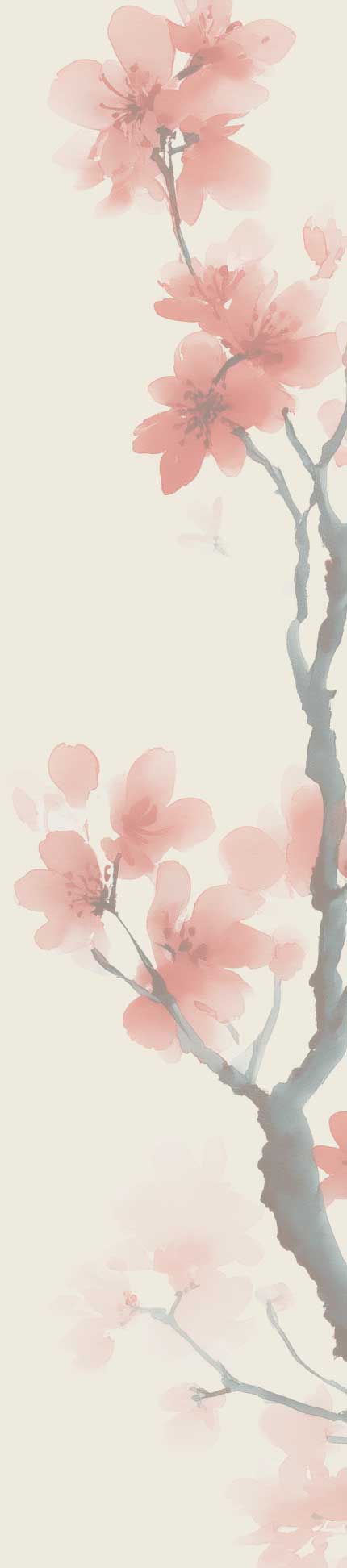 Watercolor-style illustration of pink cherry blossom flowers on delicate branches against a soft beige background.