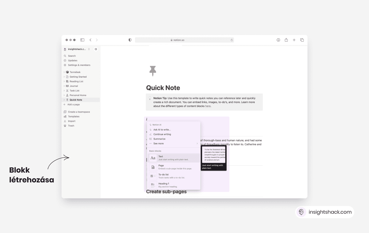 Blokk létrehozása a Notion alkalmazásban.