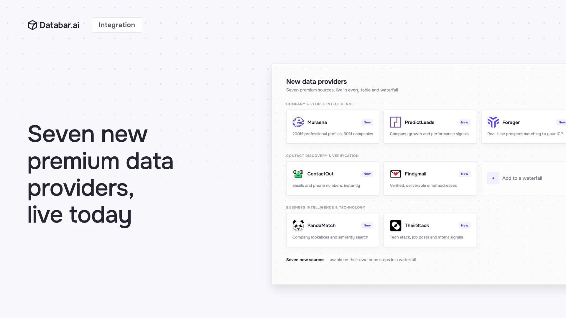 Seven new premium data providers on Databar — Muraena, PredictLeads, Forager, ContactOut, Findymail, PandaMatch and TheirStack