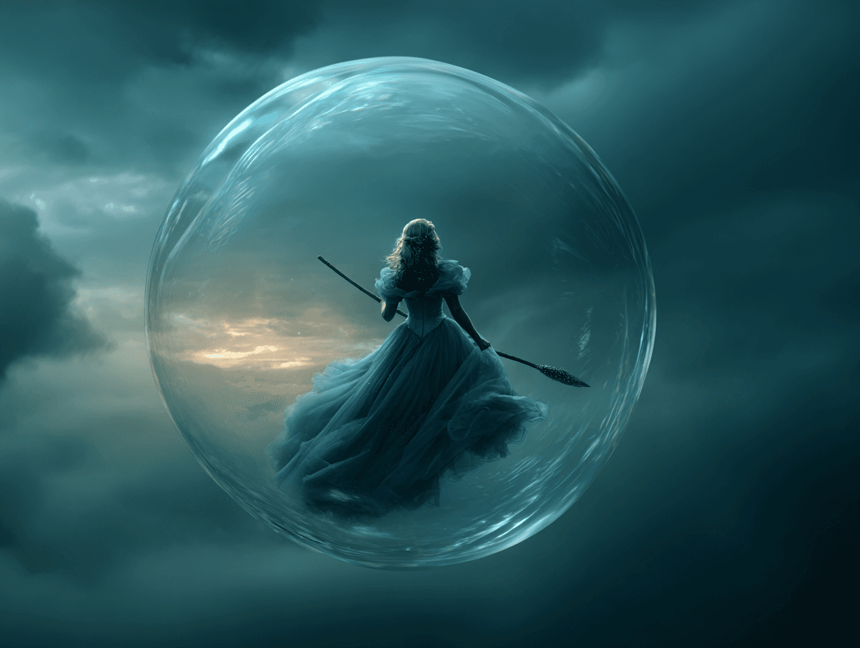 Glinda floating in a bubble. From Wicked (2024)