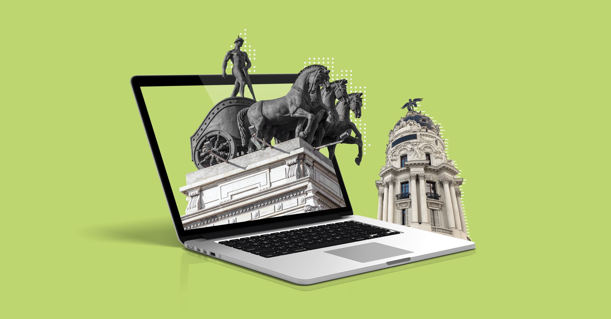 Monumento ecuestre emergiendo de una pantalla de laptop, edificio histórico de fondo, arte digital creativo.