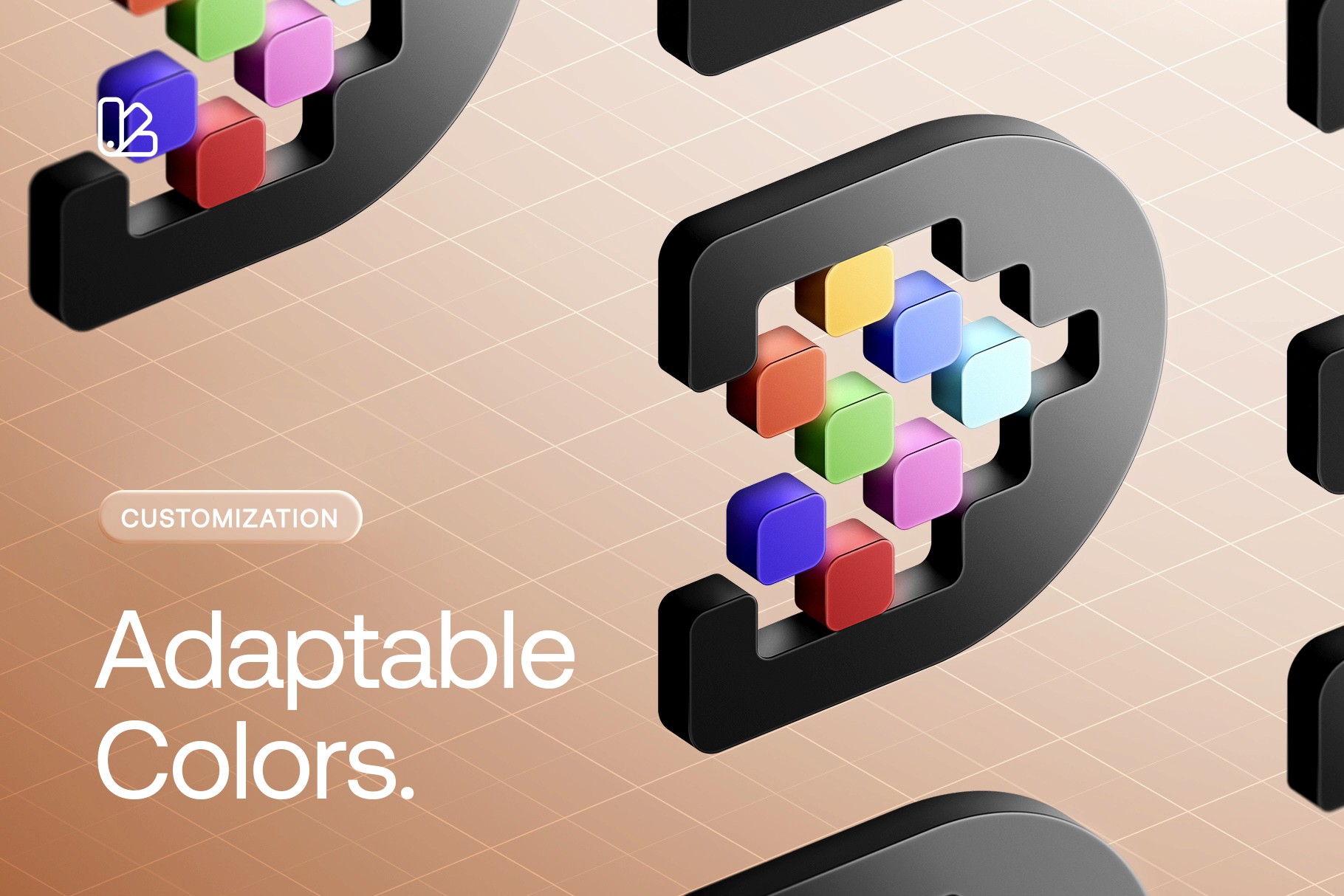 Abstract 3D shapes changing colors, illustrating customizable color options for 3D logo mockups.