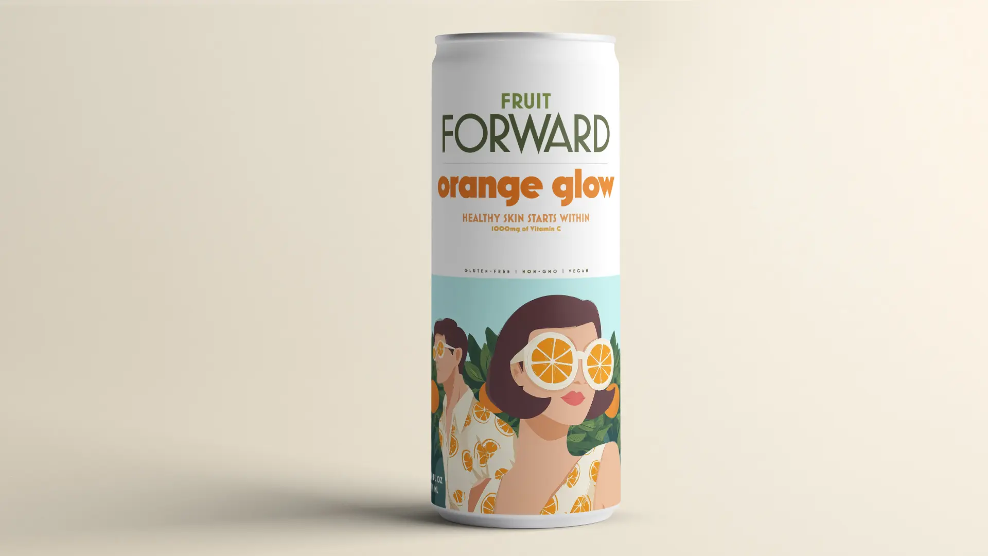 Fruit Forward Orange Glow can featuring custom citrus illustration and retro-inspired typography on a warm neutral background.