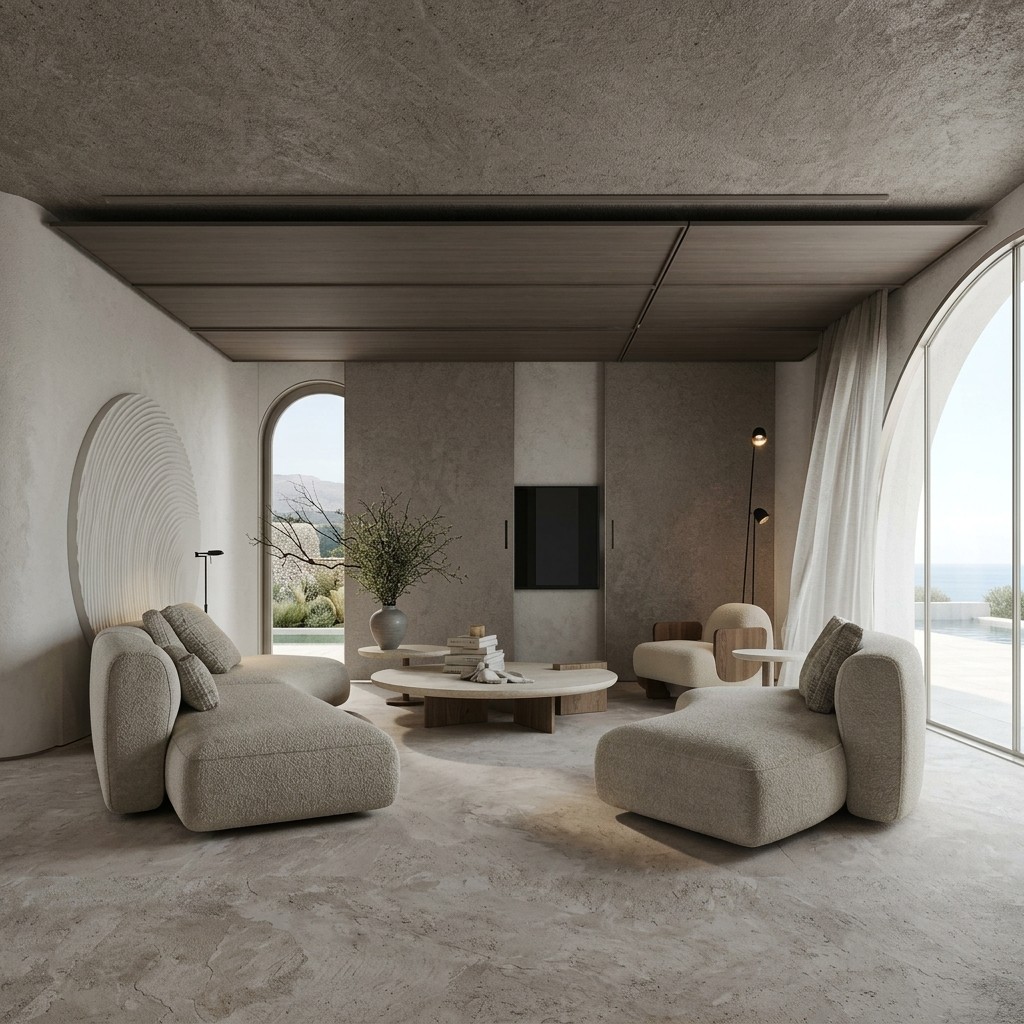 Minimalist living room with a low-profile modular beige sofa, large circular wall relief, and arched windows.