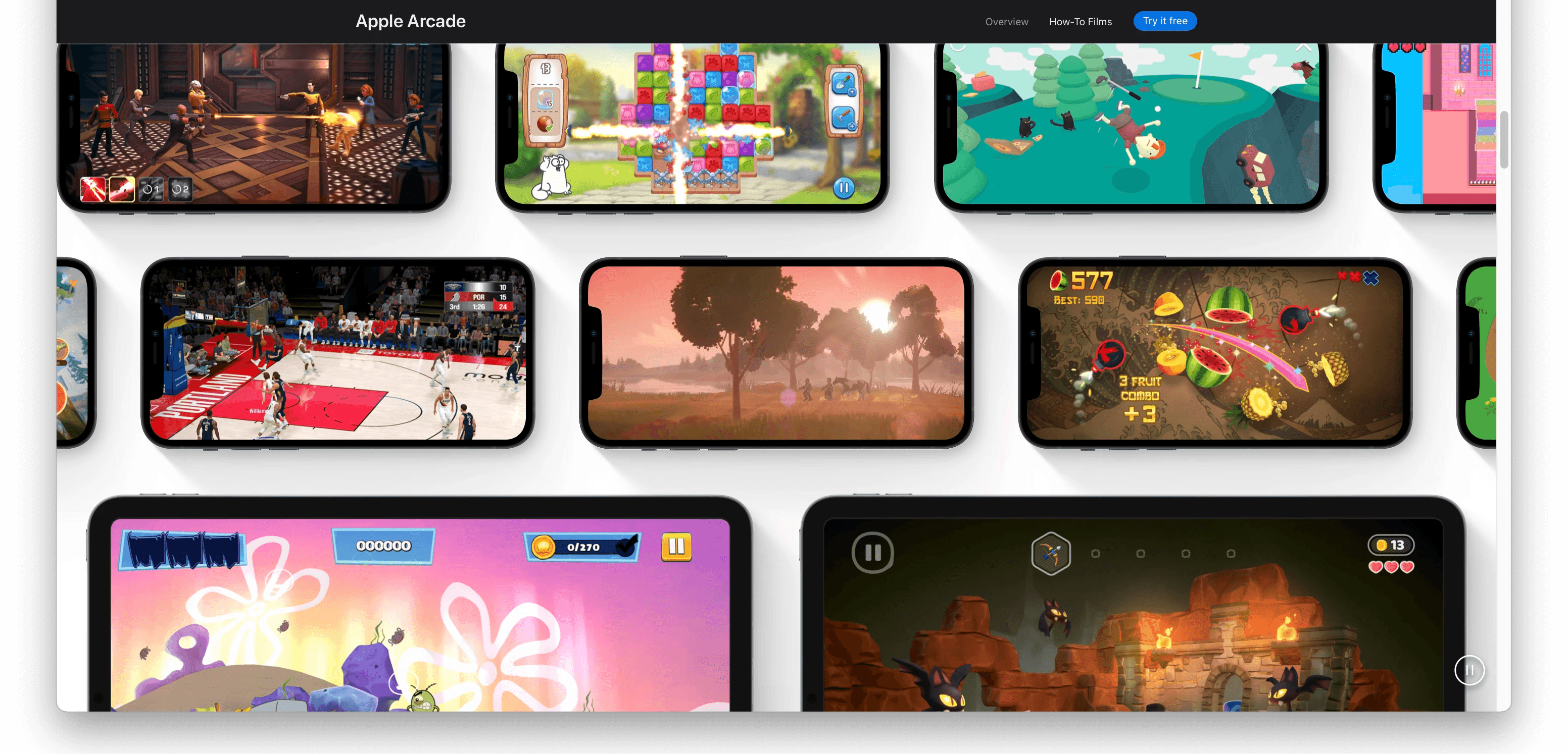 Grid of colorful game thumbnails on a screen, representing App Store and Apple Arcade curation and marketing.