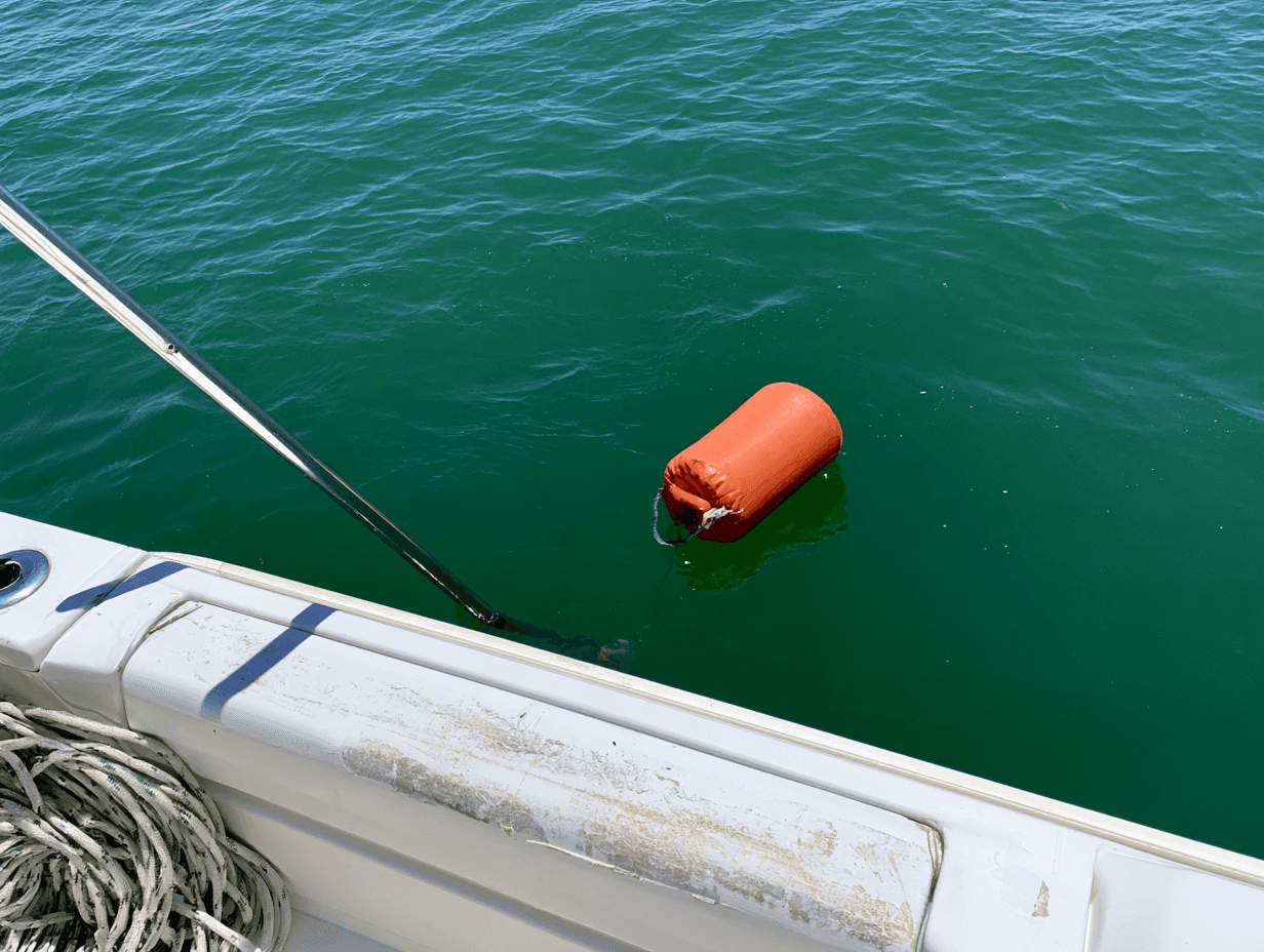 An orange fender floating beside a white hull during a man overboard drill.