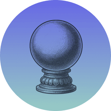 Crystal ball icon on a circular blue-teal gradient background.