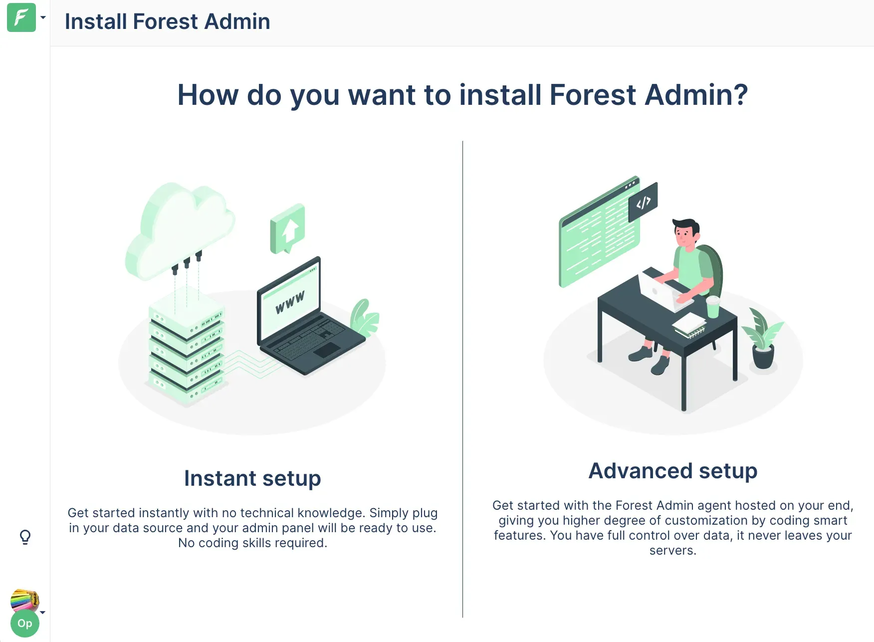Forest Admin installation setup selection page
