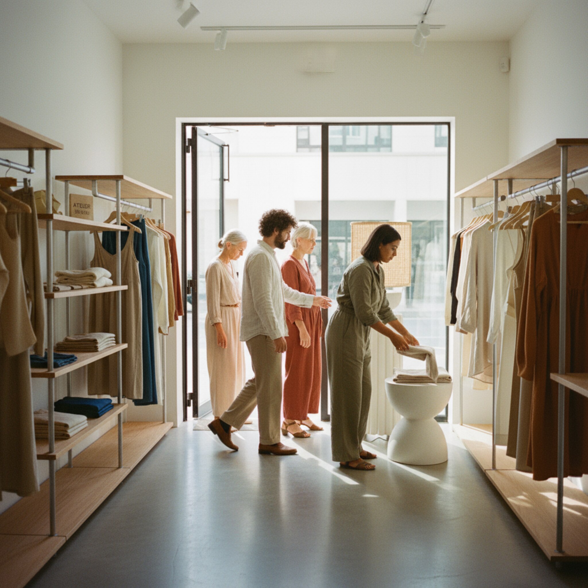 Ein temporärer Pop-up Showroom öffnet gerade, Kleiderstangen und Podeste sind klar angeordnet. Ein Mitarbeiter richtet letzte Details an einem Displaypodest, während Gäste ankommen. Sonnenlicht fällt durch die offene Tür auf den polierten Betonboden. Die Szene wirkt dynamisch, klar strukturiert und hochwertig.