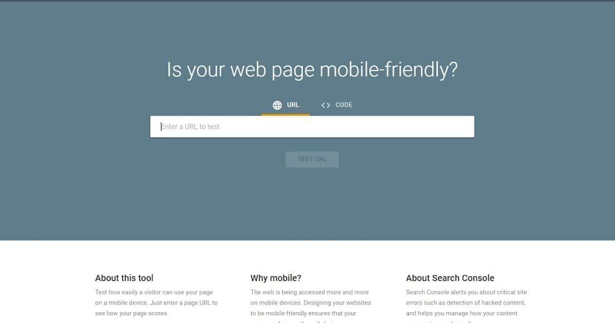 Google Mobile-Friendly Test asking 'Is your web page mobile-friendly?' with a URL field
