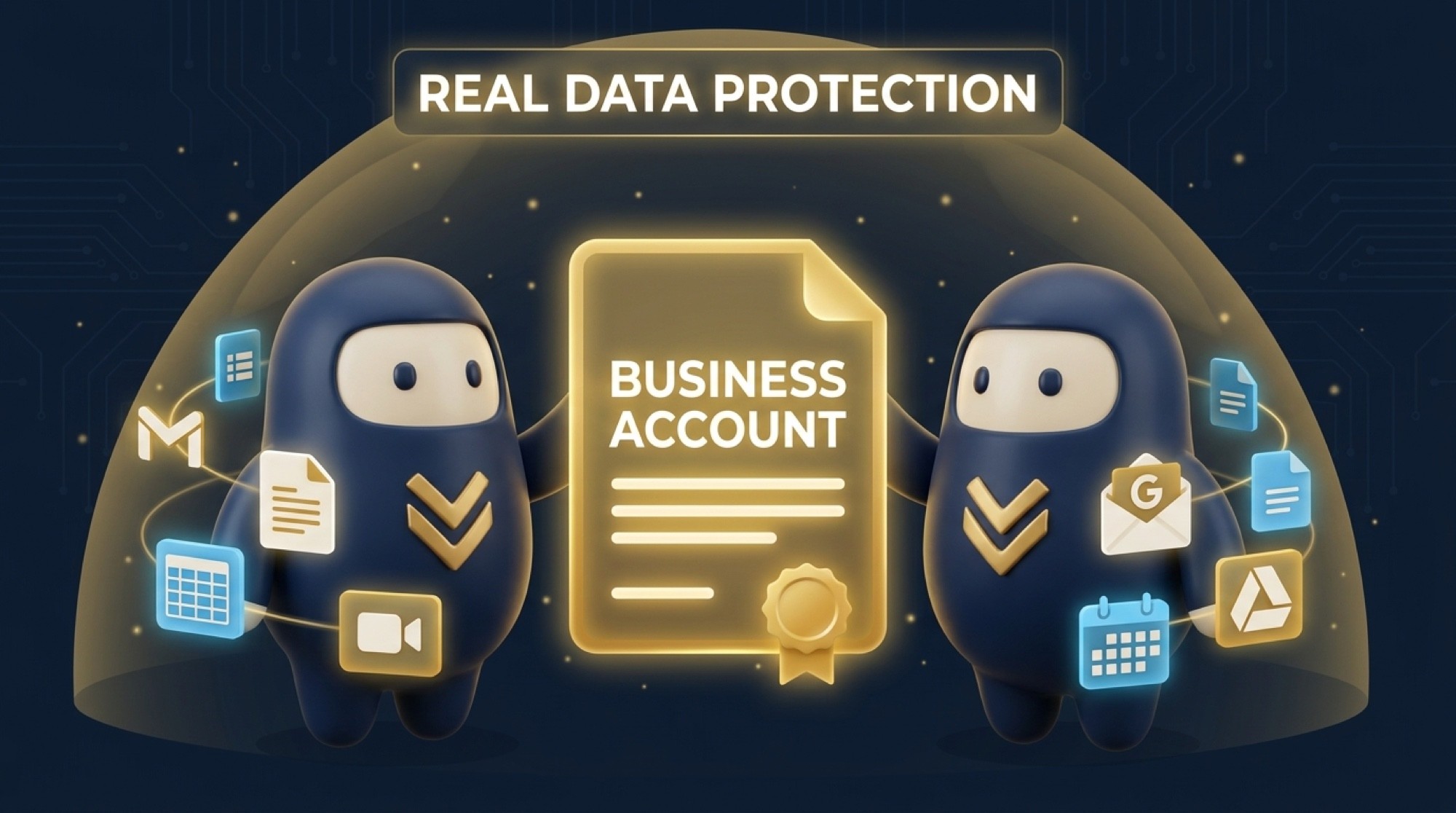 Two beans on either side of a glowing seal that reads BUSINESS ACCOUNT under a banner reading REAL DATA PROTECTION