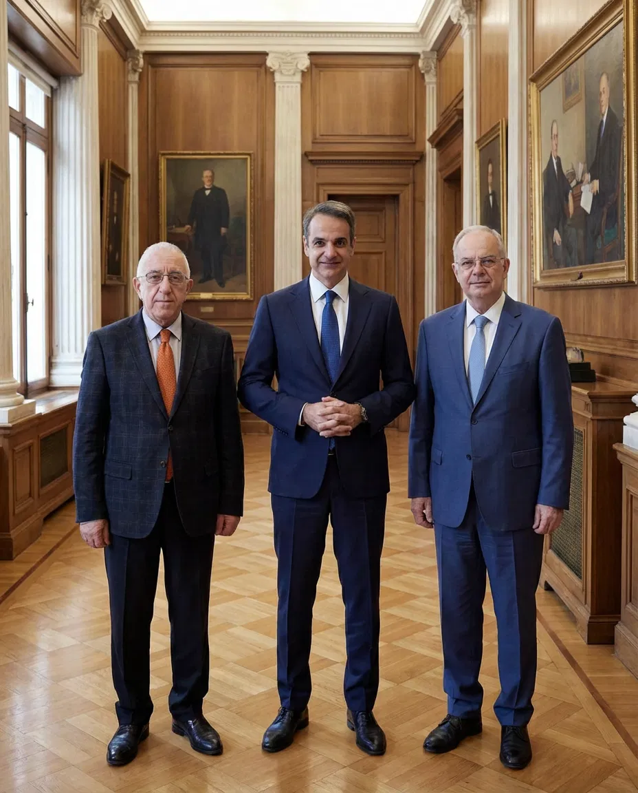 Kyriakos Mitsotakis, Konstantinos Tasoulas, and Nikitas Kaklamanis in a formal political setting.