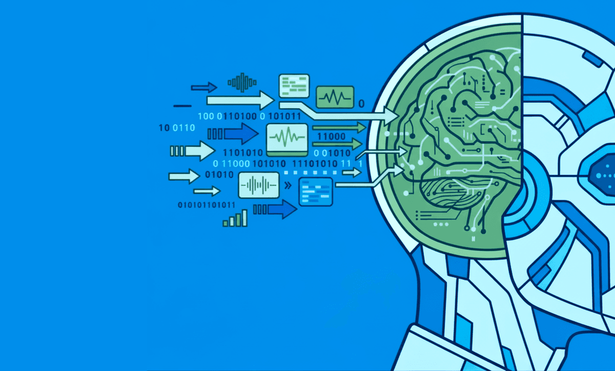 AI brain graphic processing audio and text data, representing transcription formatting and text-based video editing.