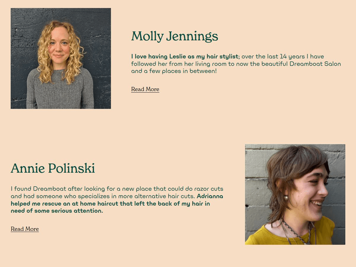 Two Dreamboat Salon client stories with portraits, written feedback, and links to read the full testimonials.