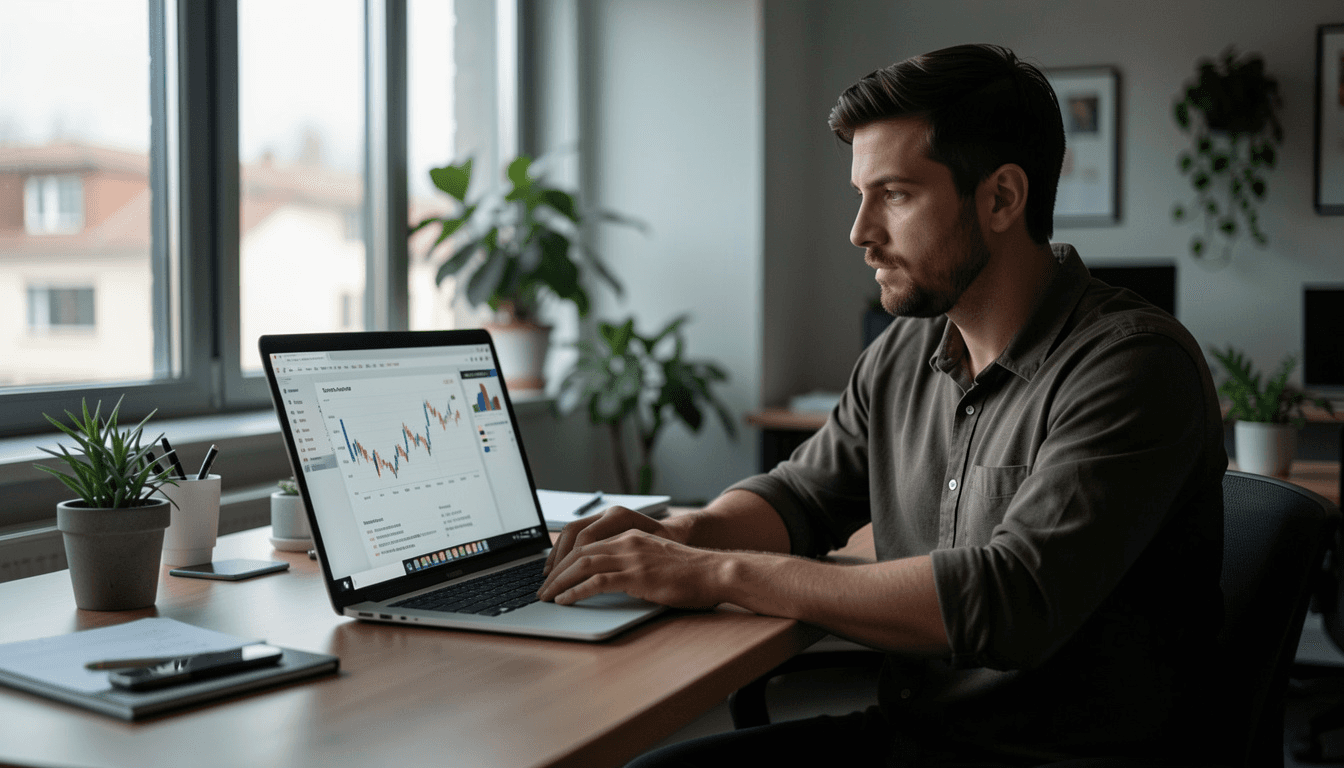 a startup founder working late at a desk with financial projections, team structure notes, and hiring documents