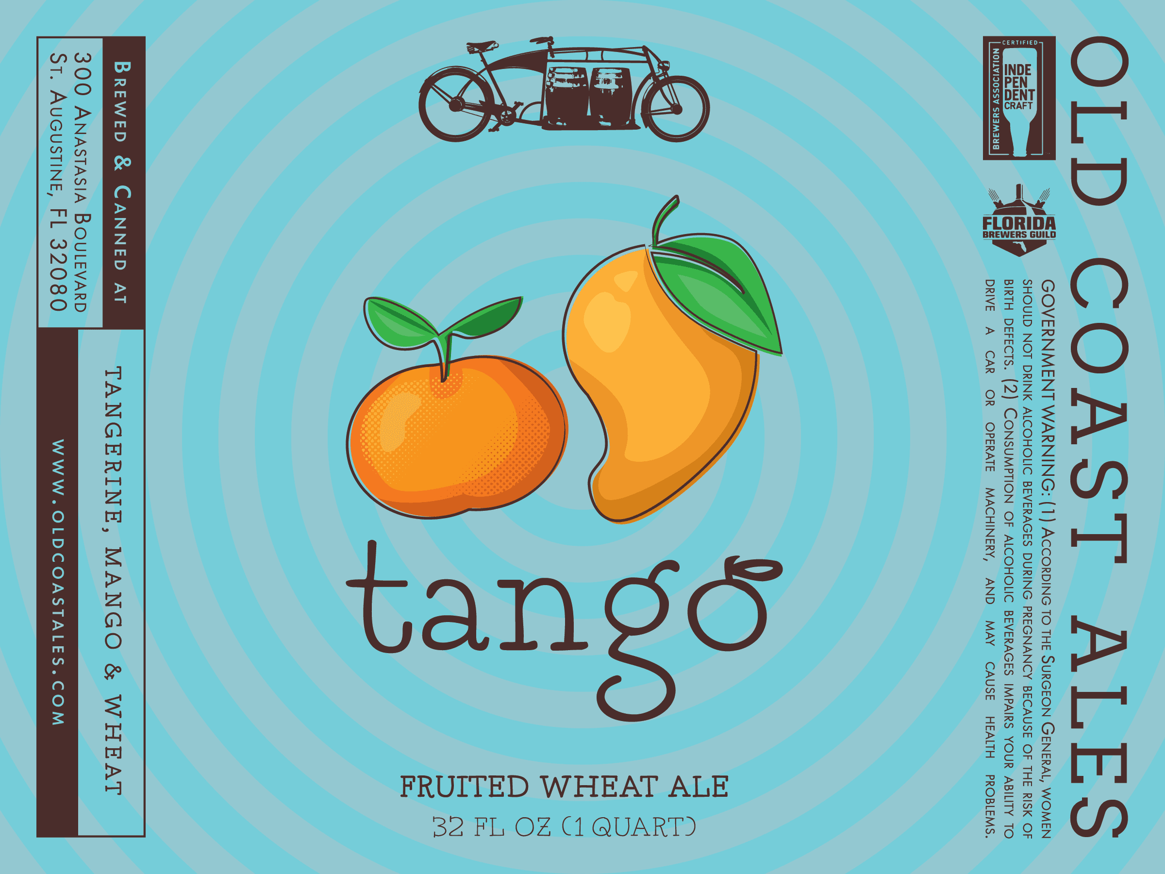 A beer label for Tango, with an illustration of a mango and a tangerine