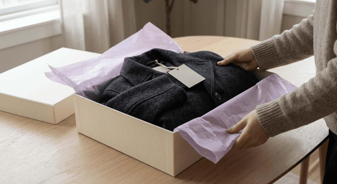 Charcoal wool coat with its tag on being packed back into a box lined with lilac tissue