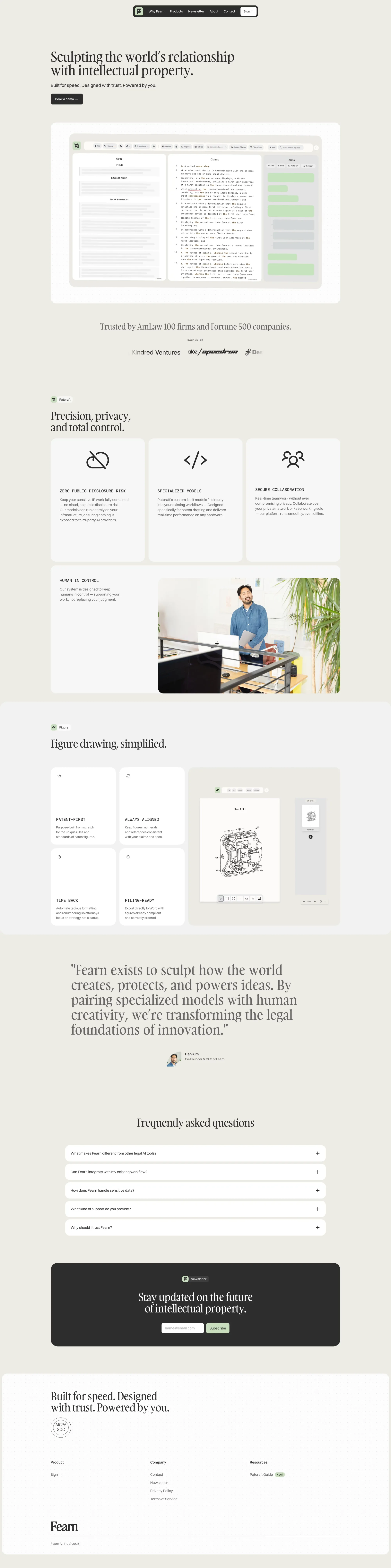 Fearn AI landing page screenshot showcasing Tech and Writing design