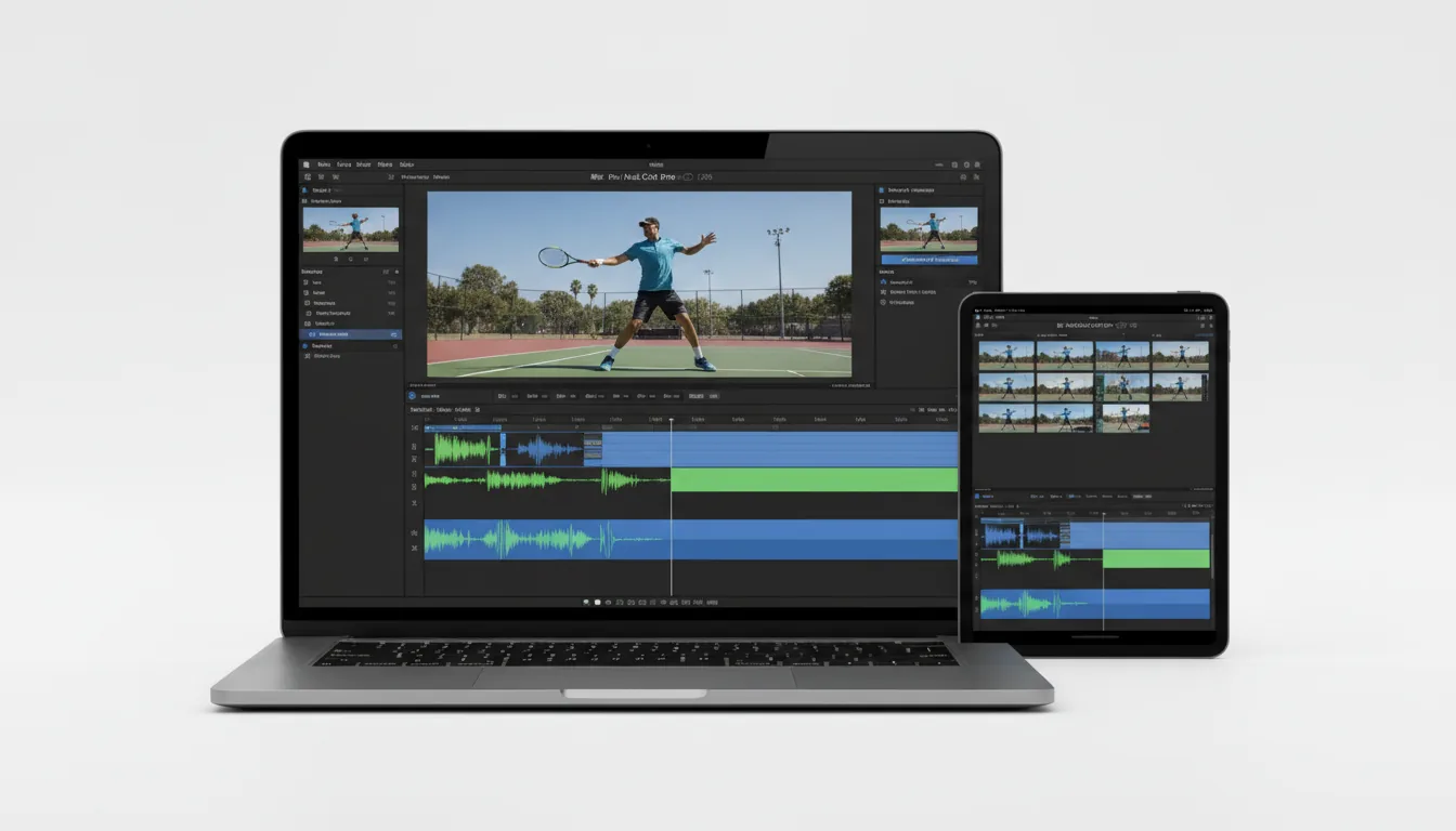 A clean studio shot of a modern silver laptop and a dark gray tablet on a seamless white background, displaying the Final Cut Pro video editing software. The software interface is in a Modern Dark Mode, featuring a complex multi-track video timeline with green audio waveforms and blue UI elements. The laptop screen shows a large video preview of a man playing tennis, while the tablet in the foreground displays a grid of video clip thumbnails above its timeline.