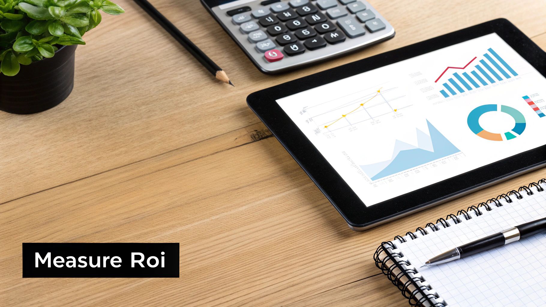 Desk setup with tablet displaying financial charts, calculator, notebook, and a 'Measure ROI' caption.