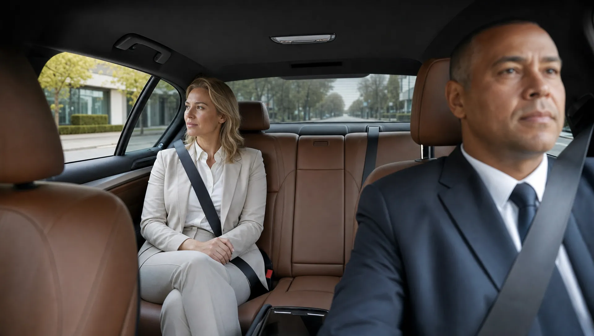 Een vrouwelijke executive zit ontspannen achterin een premium sedan terwijl een chauffeur voorin rijdt, met zicht op een rustige straat in Apeldoorn en een verzorgde zakelijke omgeving buiten de auto, zonder teksten of logo's.