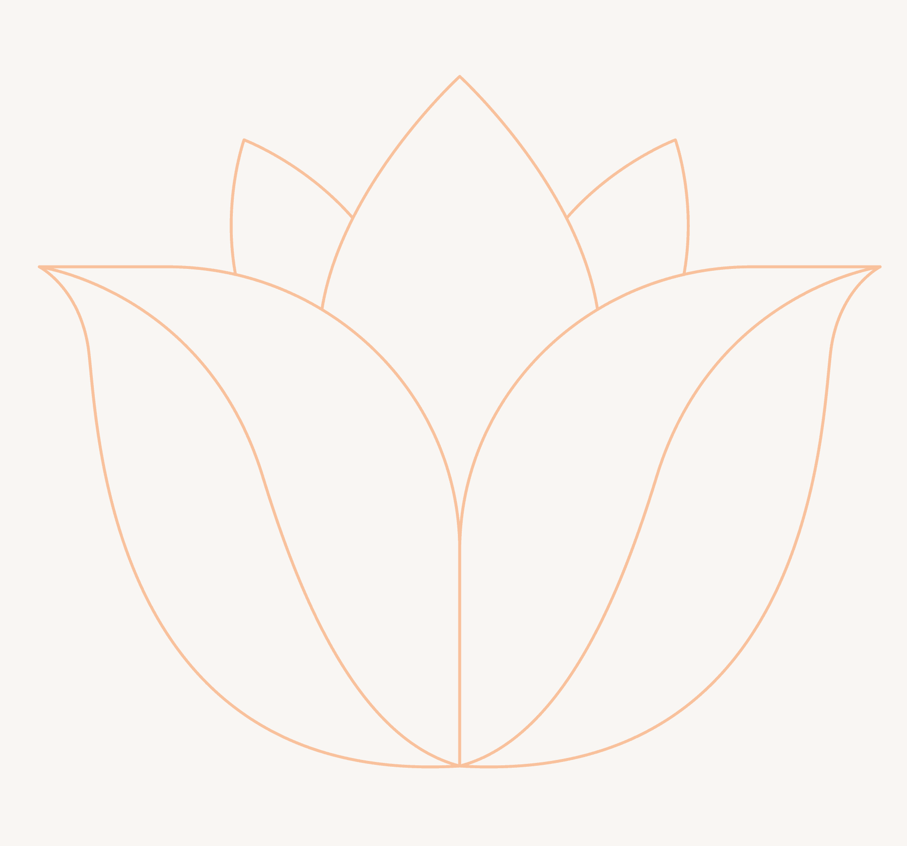 A simple line drawing of an abstract lotus flower in light orange on a white background.