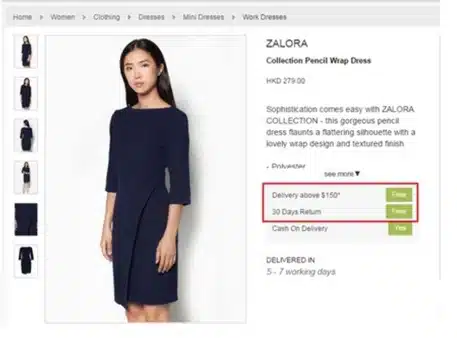 Original Zalora product page with delivery and returns info highlighted, the control in an A/B test