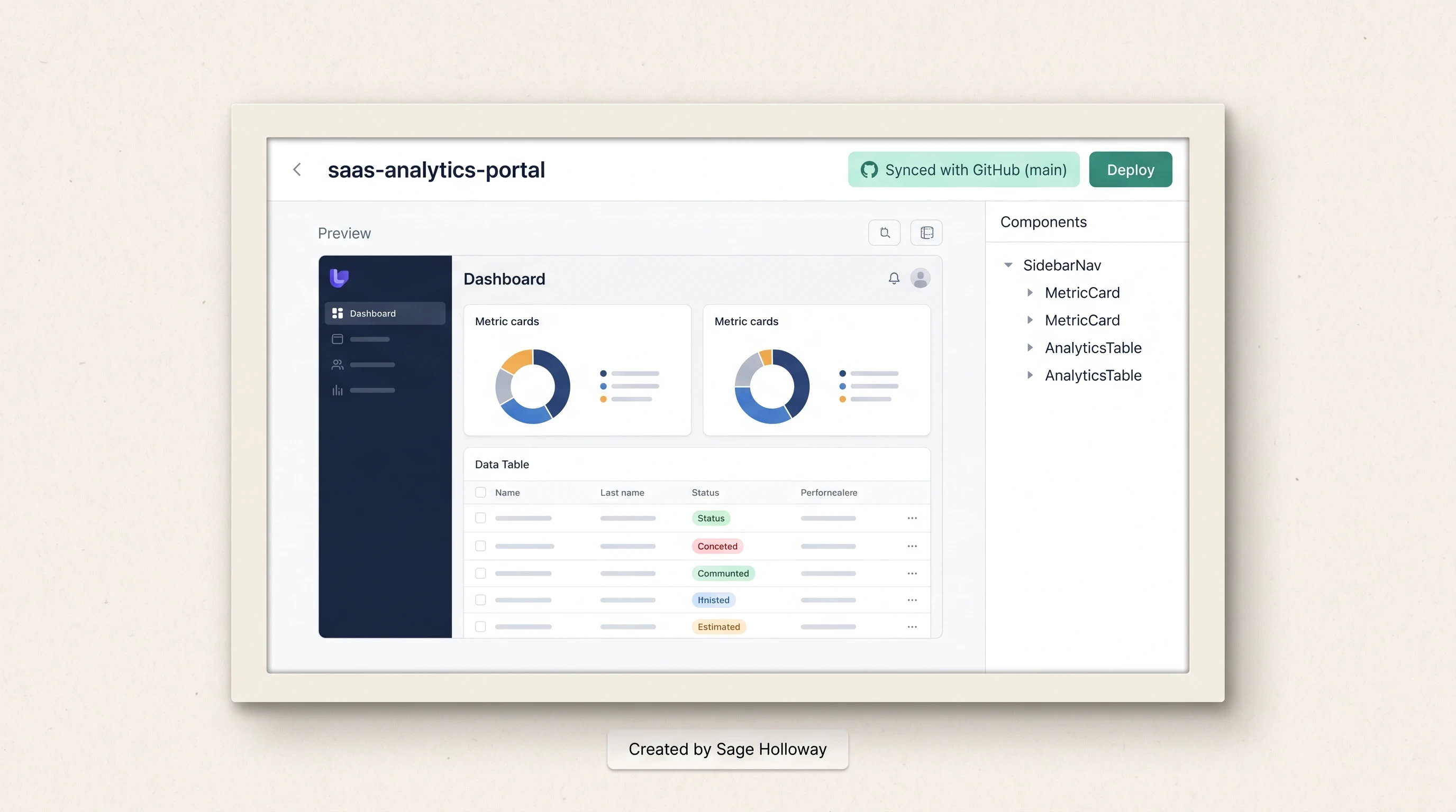 Teaching reconstruction of Lovable.dev interface showing visual UI components mock data charts and GitHub synchronization