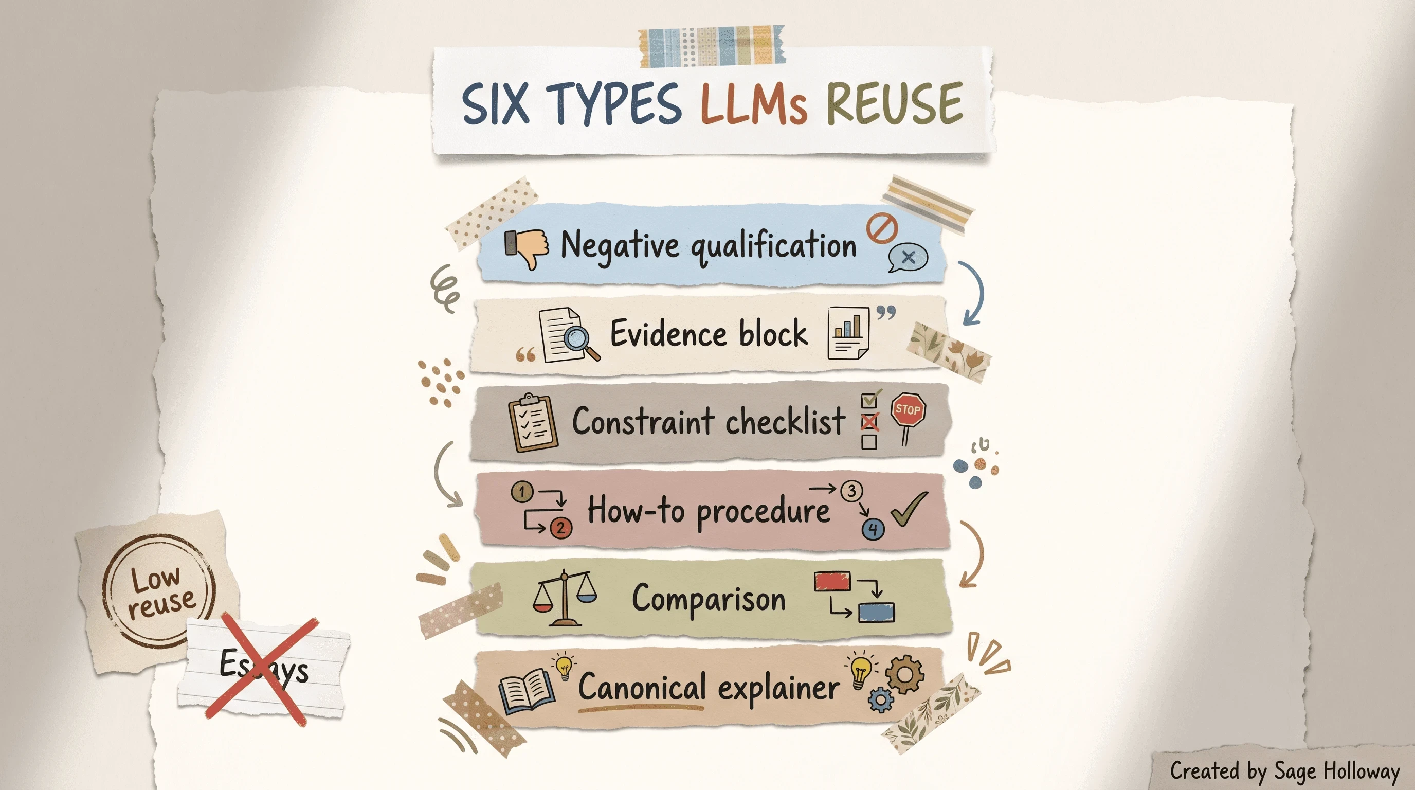 Scrapbook stacked diagram of six content types LLMs reuse from explainer to negative qualification
