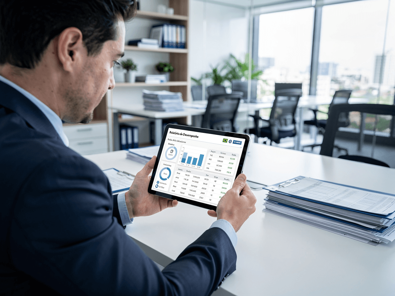 Gestor público utiliza tablet com sistema de governo digital municipal em ambiente de prefeitura moderna.