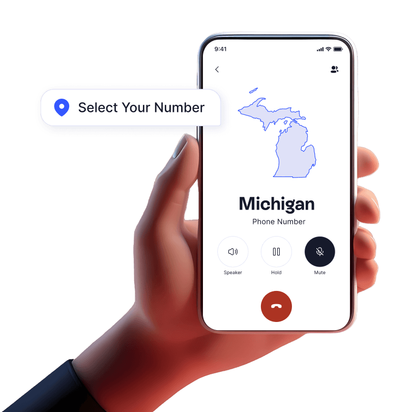 Hand holding mobile device with incoming business call from Michigan displayed using LinkedPhone 2nd phone number app