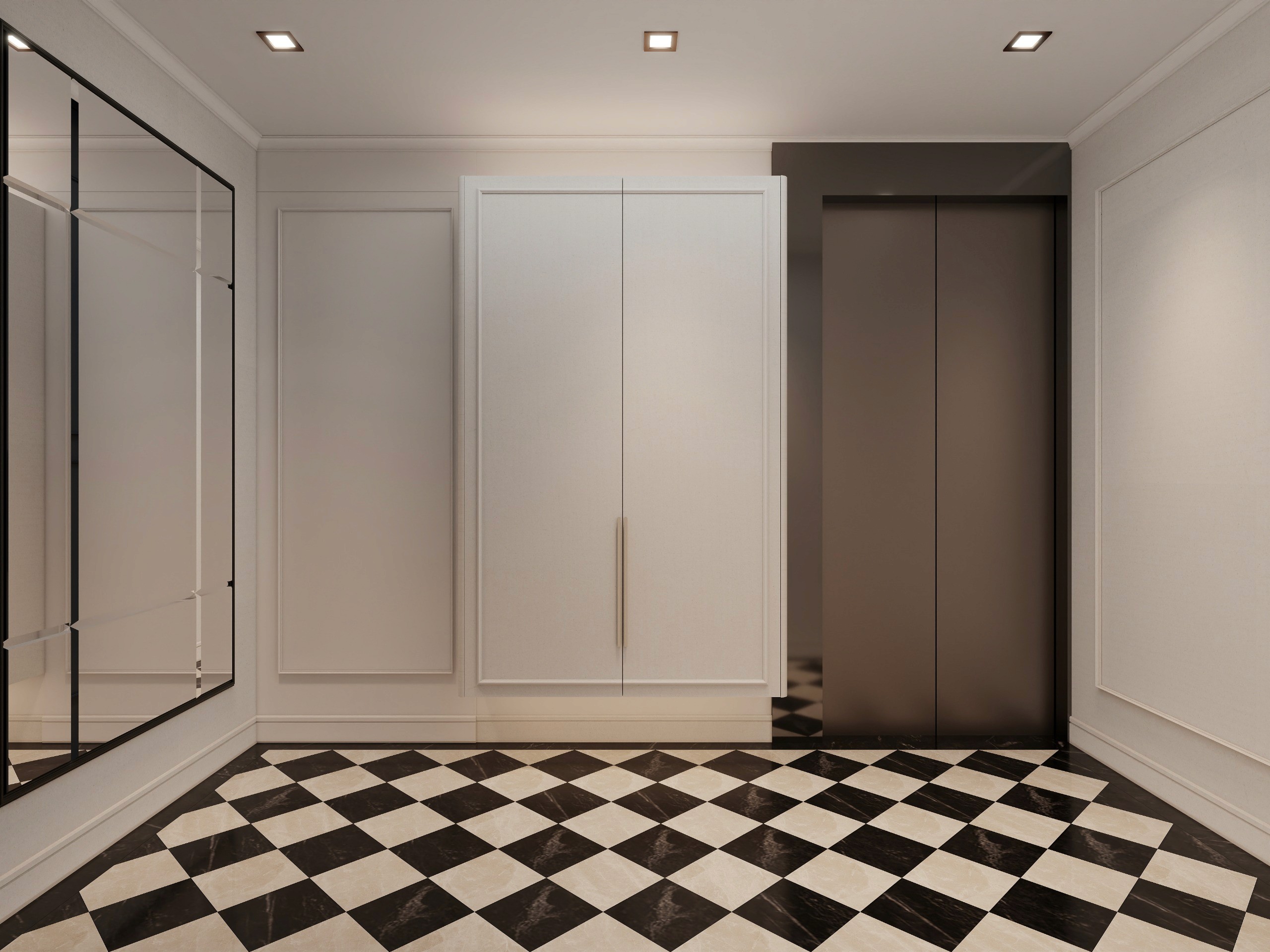 A sophisticated elevator lobby within a Mount Pavilia apartment featuring bronze accents and seamless wall paneling by CCPY Interior.