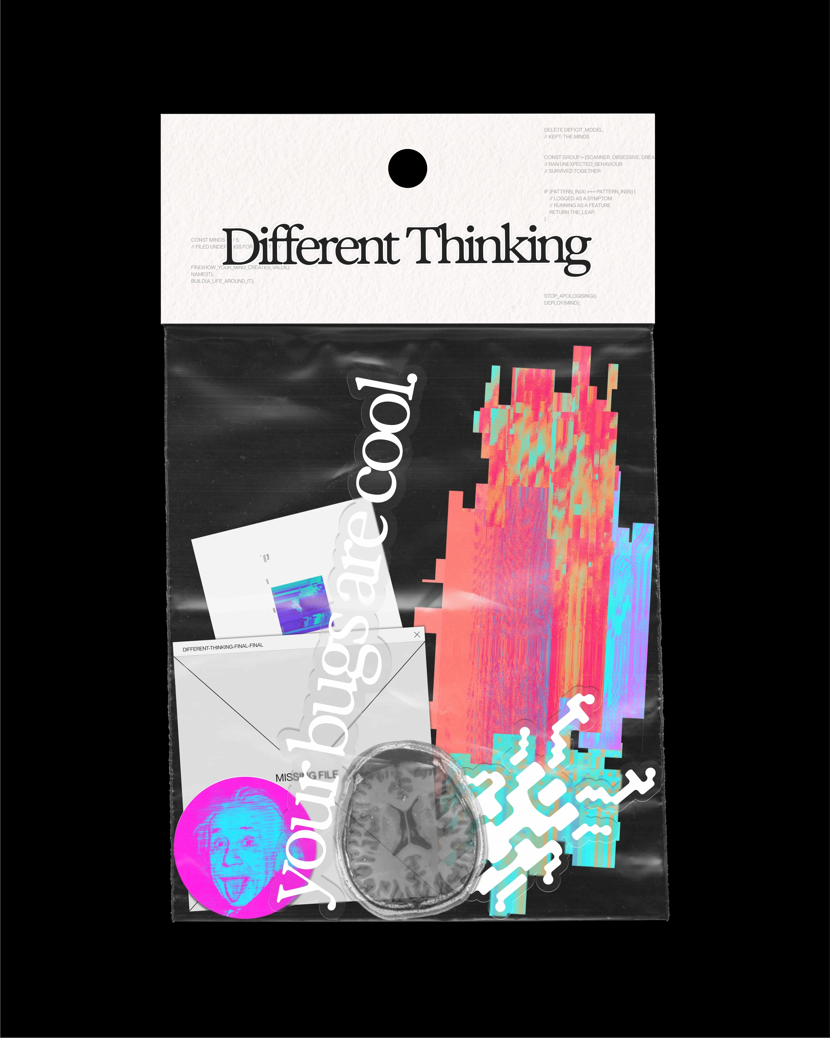 Different Thinking merch bag with stickers, card and your bugs are cool type